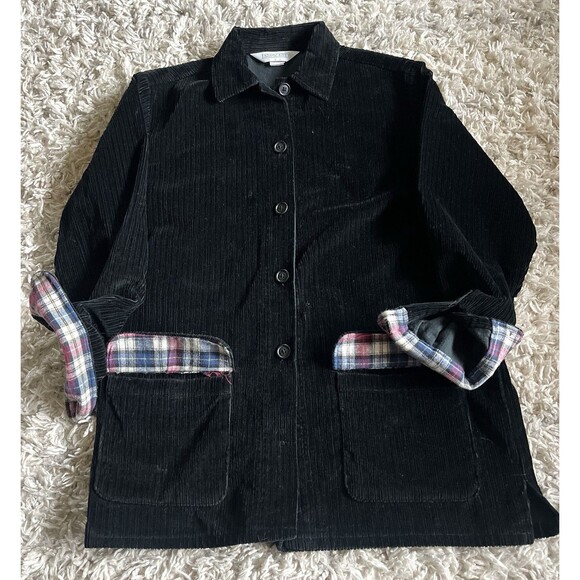 Vintage Women’s Lands End Black Corduroy Blazer Jacket With Flannel Accents - Picture 1 of 8